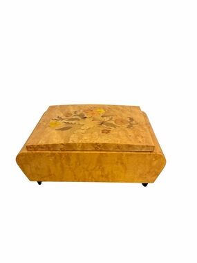 Reuge Swiss Musical Movement Jewelry Box Edelweiss Birds Eye Maple Inlay Italy